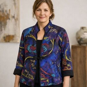 Chico's 100% Silk Artsy Dragon Multi Print Jacket Kimono Size 2‎ Large Arttowear